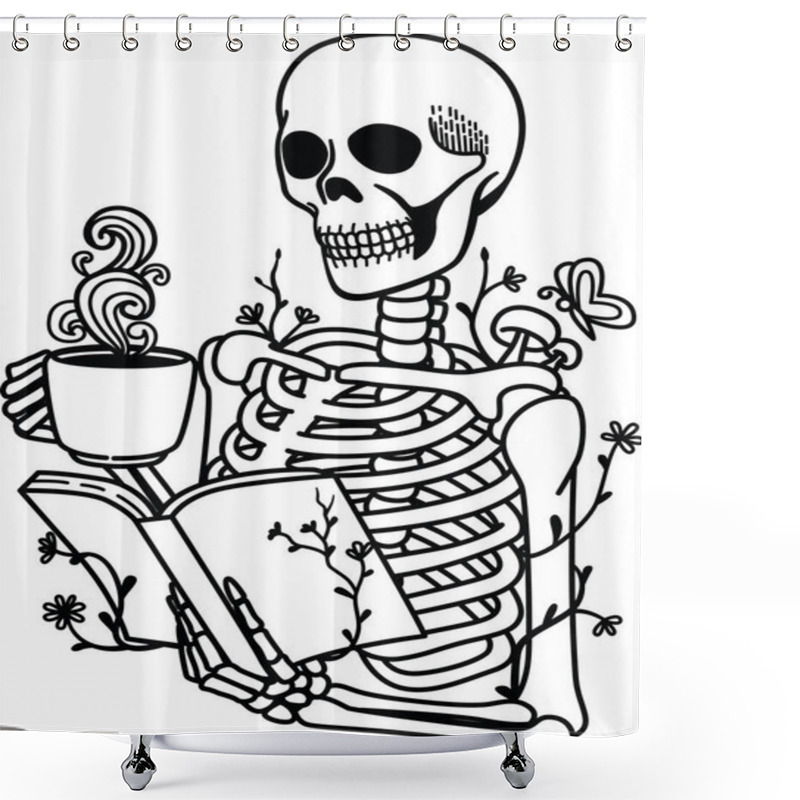 Personality  Skeleton Holding Book And Coffee Cup For Design Element. Vector Illustration. Shower Curtains