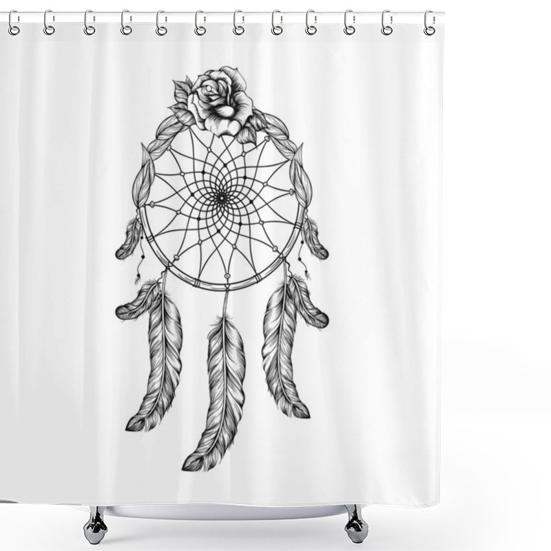 Personality  Dream Catcher With Feathers, Leafs And Rose  In Line Art Style,  Shower Curtains