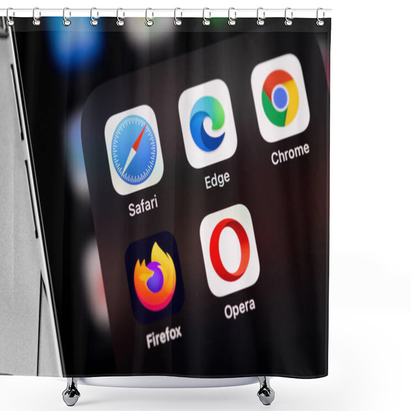 Personality  Google Chrome, Microsoft Edge, Firefox, Opera, Safari Apps Popular Browsers On The Screen IPhone. Moscow, Russia - February 26, 2022 Shower Curtains