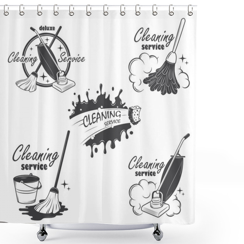 Personality  Set Of Cleaning Service Emblems, Labels And Designed Elements. Shower Curtains