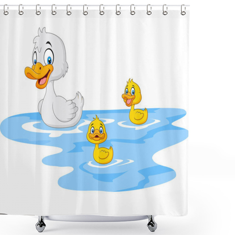 Personality  Cartoon Funny Mother Duck With Baby Duck Floats On Water Shower Curtains