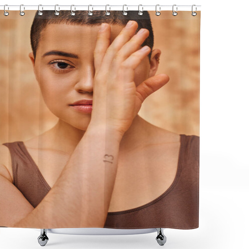 Personality  Natural Look, Tattooed Young Woman With Short Hair Posing On Mottled Beige Background, Hand Near Face, Individuality, Modern Generation Z, Beauty And Confidence, Body Positivity  Shower Curtains