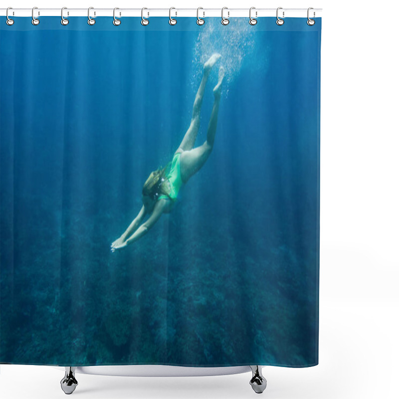 Personality  Underwater Photo Of Young Woman In Swimming Suit Diving In Ocean Alone Shower Curtains