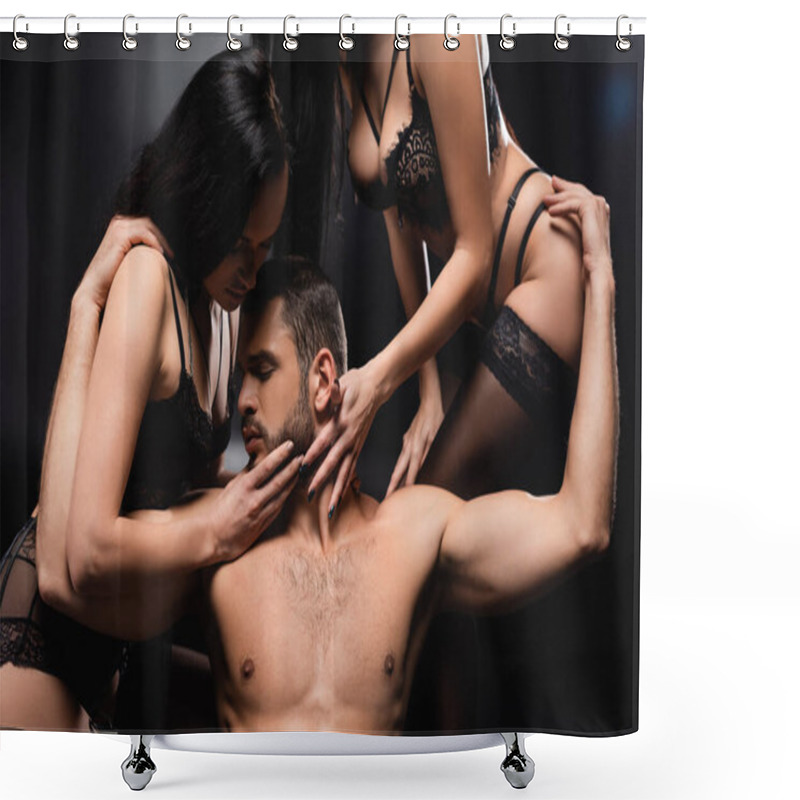 Personality  Sexy Women In Underwear Touching Face Of Muscular Man On Black Background Shower Curtains