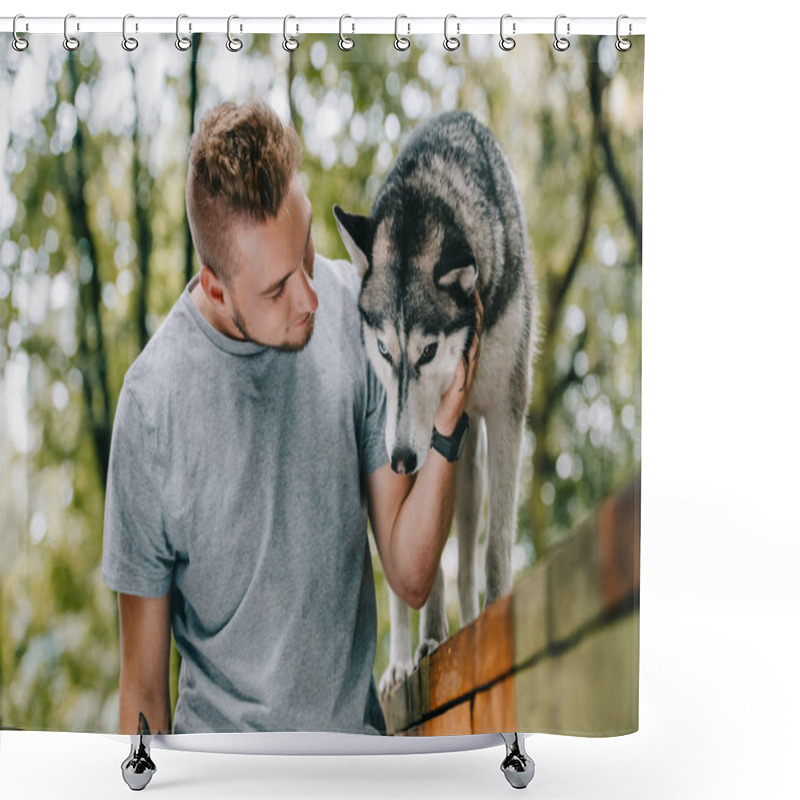 Personality  Man With Obedient Husky Dog On Walk Obstacle  Shower Curtains