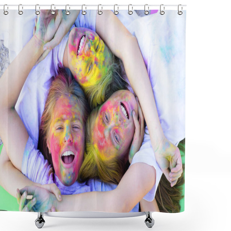 Personality  Unite. Crazy Hipster Girls. Summer Weather. Happy Youth Party. Optimist. Spring Vibes. Positive And Cheerful. Children With Creative Body Art. Colorful Neon Paint Makeup. Friendship And Sisterhood Shower Curtains