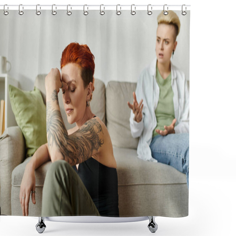 Personality  Two Women, A Lesbian Couple With Short Hair, Sit On A Couch, Engrossed In Conversation Shower Curtains