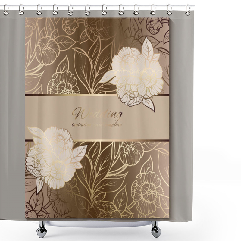 Personality  Exquisite Royal Luxury Wedding Invitation, Gold Floral Background With Frame And Place For Text, Lacy Foliage Made Of Roses Or Peonies With Golden Shiny Gradient. Shower Curtains