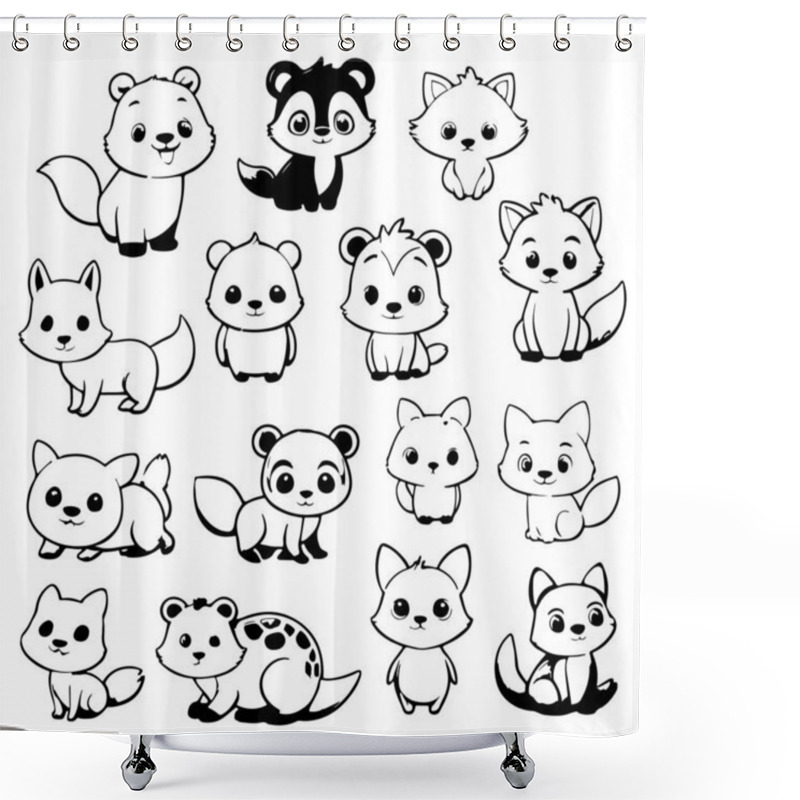 Personality  Black And White Cute Animal Kids Collection, Sketch Line Art Design, Adorable Animal, Domestic Animal Set Silhouette Vector, Wild Animal Illustration. Shower Curtains