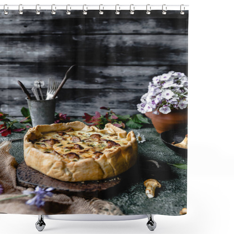 Personality  Delicious Pie With Mushrooms And Potted Flowers On Wooden Table Shower Curtains