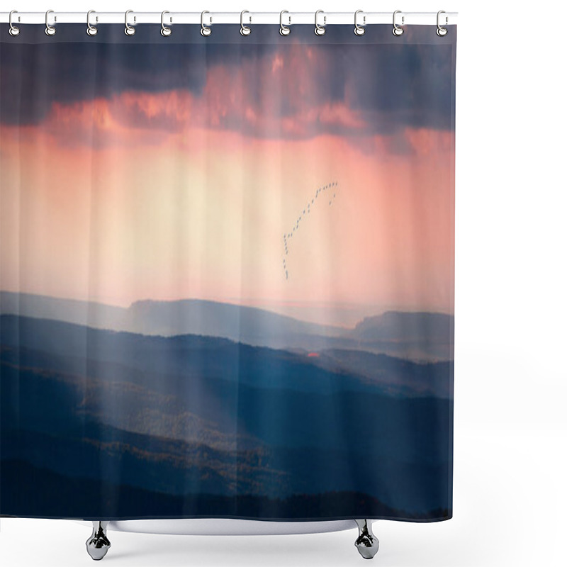 Personality  Sunset With A Flock Of Birds Shower Curtains