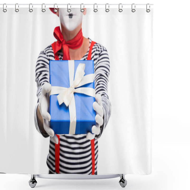 Personality  Cropped Image Of Mime Showing Gift Box Isolated On White Shower Curtains