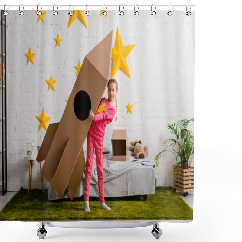 Personality  Blissful Kid In Pink Clothes Holding Big Cardboard Rocket In Bedroom Shower Curtains