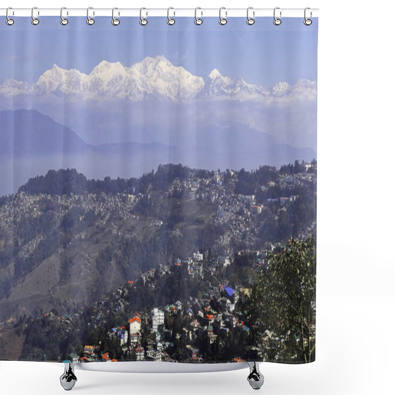 Personality  Scenic View Of Darjeeling Hill Station And Snowcapped Himalaya Mountains (sleeping Buddha Range), Mount Kangchenjunga Against Blue Sky, In India Shower Curtains