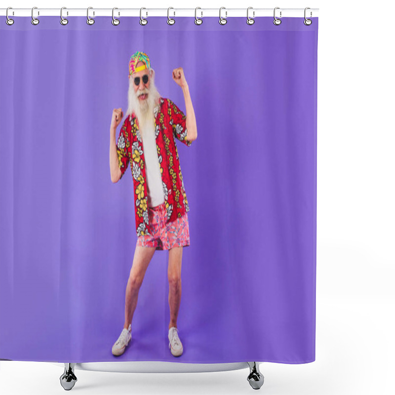 Personality  Senior Man With Eccentric Look  - 60 Years Old Man Having Fun, Portrait On Colored Background, Concepts About Youthful Senior People And Lifestyle Shower Curtains