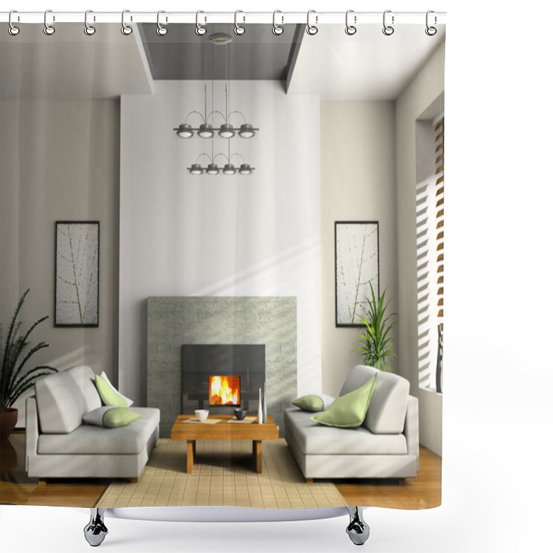 Personality  Home Interior With Fireplace And Sofas Shower Curtains