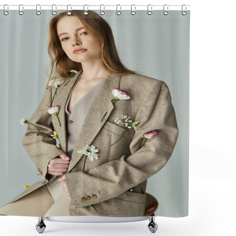 Personality  A Young Woman Elegantly Poses With Flowers In Her Stylish Outfit. Shower Curtains