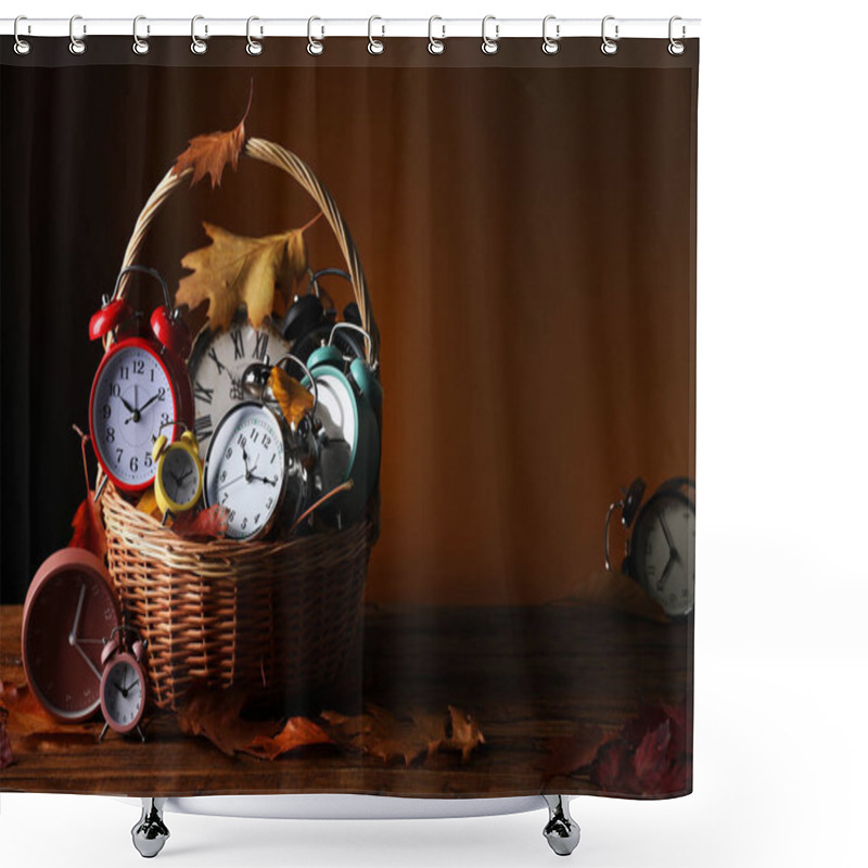 Personality  Alarm Clocks And Dry Leaves In Wicker Basket On Wooden Table Against Brown Background, Space For Text Shower Curtains