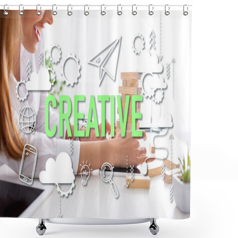 Personality  Cropped View Of Smiling Businesswoman Stacking Wooden Building Blocks On Table, Creative Illustration Shower Curtains