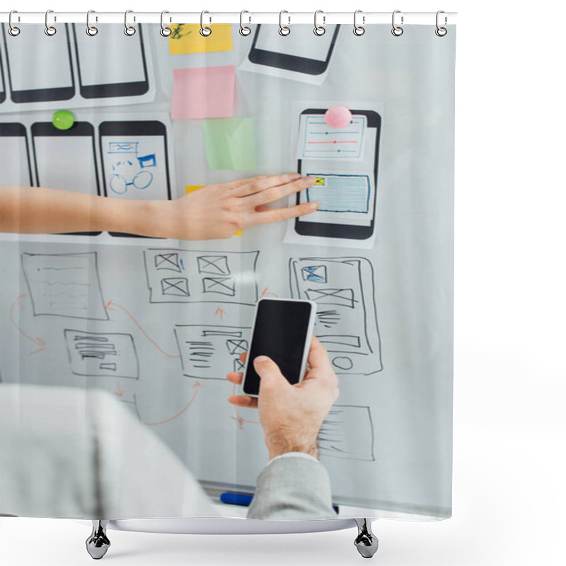 Personality  Cropped View Of Ux Designers Using Smartphone And Sketches Of App Interface On Whiteboard In Office  Shower Curtains