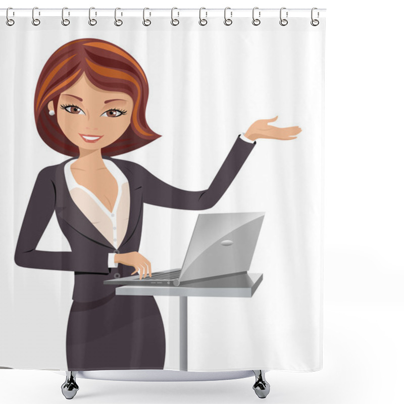 Personality  Businesswoman Making Presentation With Laptop Isolated Shower Curtains