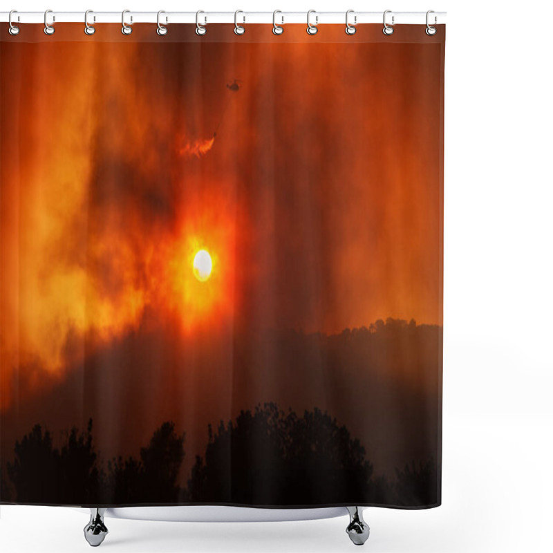 Personality  Helicopter Dropping Water From The Bucket, Fighting Forest Fire. Dramatic Landscape Against The Setting Sun With Red Sky And Heavy Smoke Shower Curtains