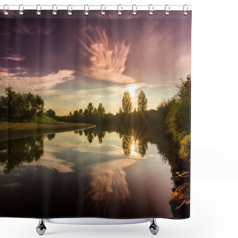 Personality  Panorama Of Wild River With Cloudy Sky Reflection Shower Curtains