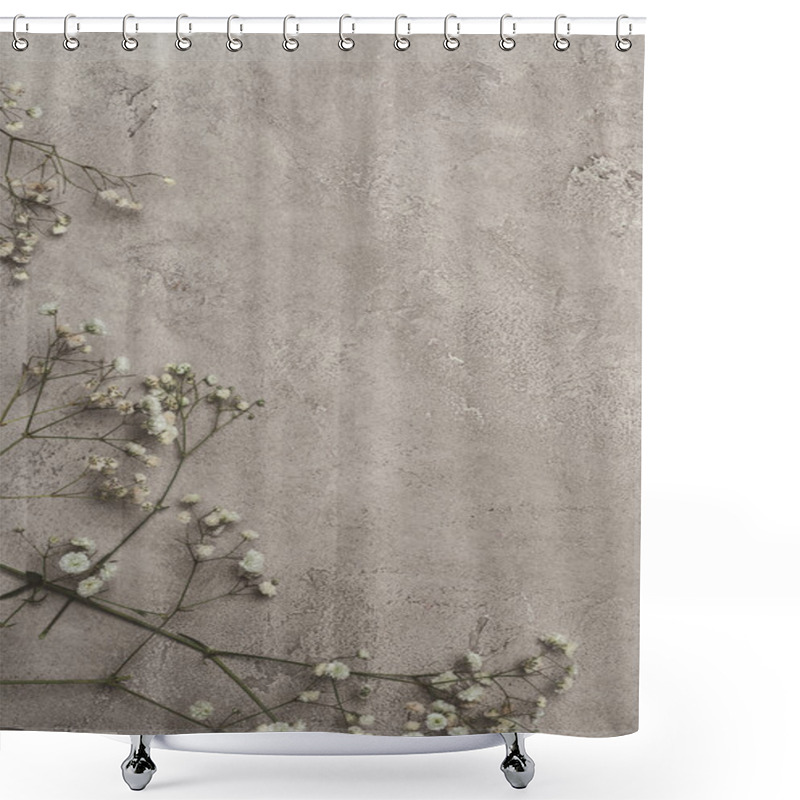 Personality  Top View Of White Flowers On Concrete Surface With Copy Space  Shower Curtains