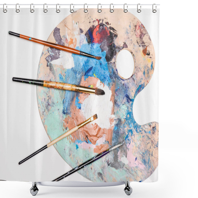 Personality  Top View Of Palette With Paints And Paintbrushes Isolated On White Shower Curtains