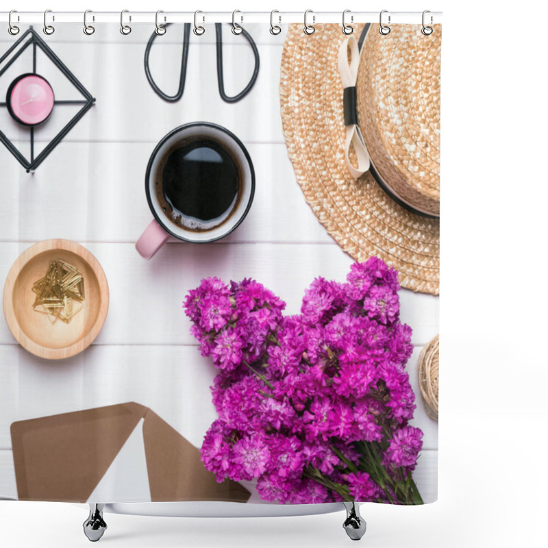 Personality  Summer Hat, Coffee And Pink Flowers Shower Curtains