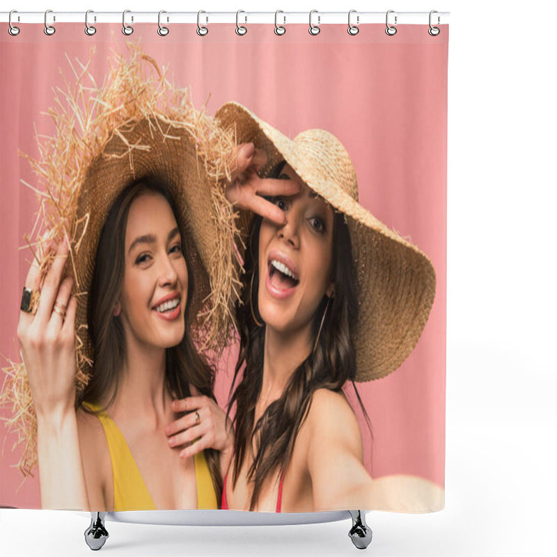 Personality  Two Smiling Girls In Straw Hats Taking Selfie Isolated On Pink Shower Curtains