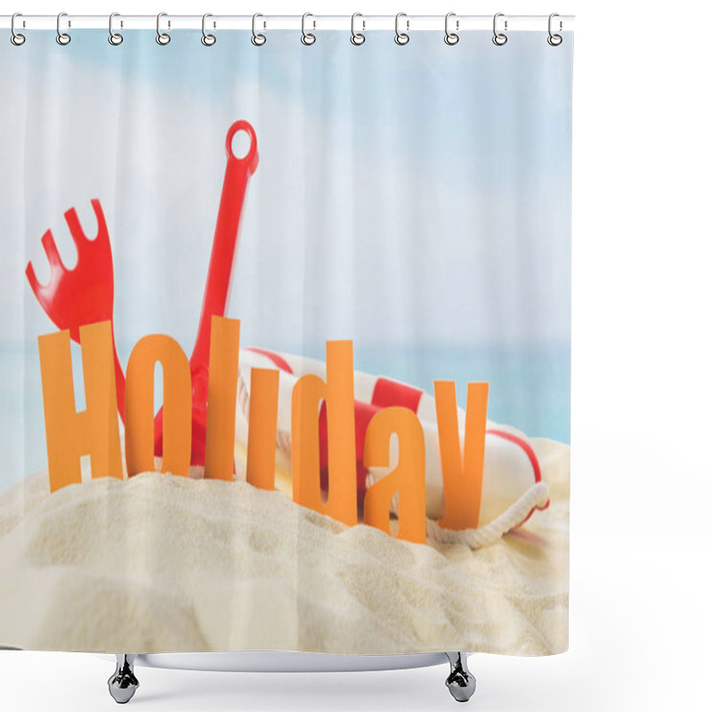 Personality  Beach Toys And Holiday Inscription In Sand On Blue Sky Background Shower Curtains