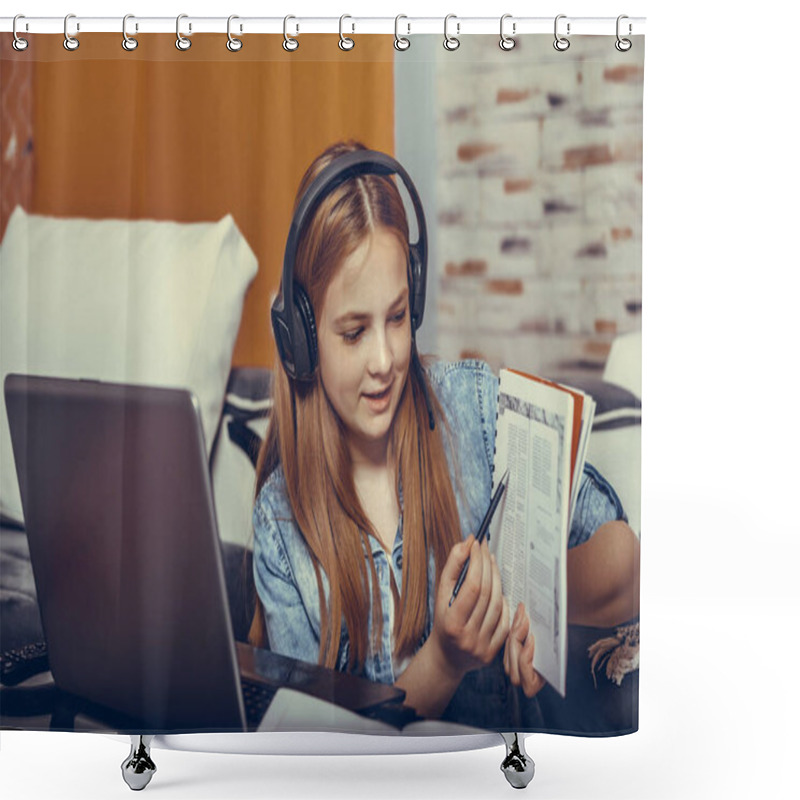 Personality  Happy Young Teenage Girl In Headphones Speaking Looking At Laptop And Showing Book, Girl Student Talking By Video Call, Female Teacher Trainer Tutoring By Webcam, Online Training, E-coaching Concept, Girl Takes The Exam Online Shower Curtains