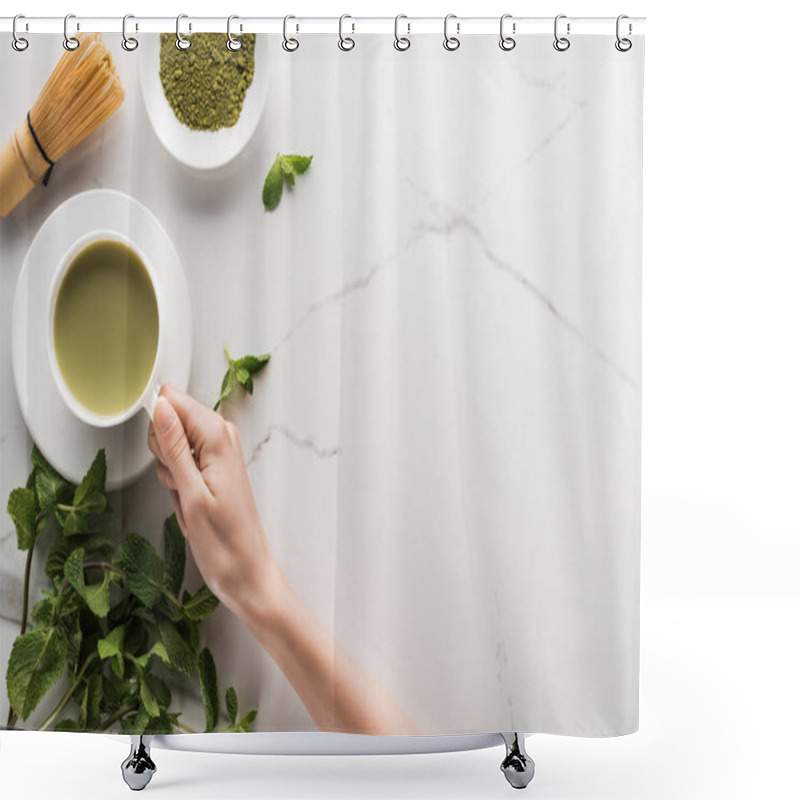 Personality  Top View Of Woman Holding Matcha Matcha Tea On Table With Whisk, Powder And Mint  Shower Curtains