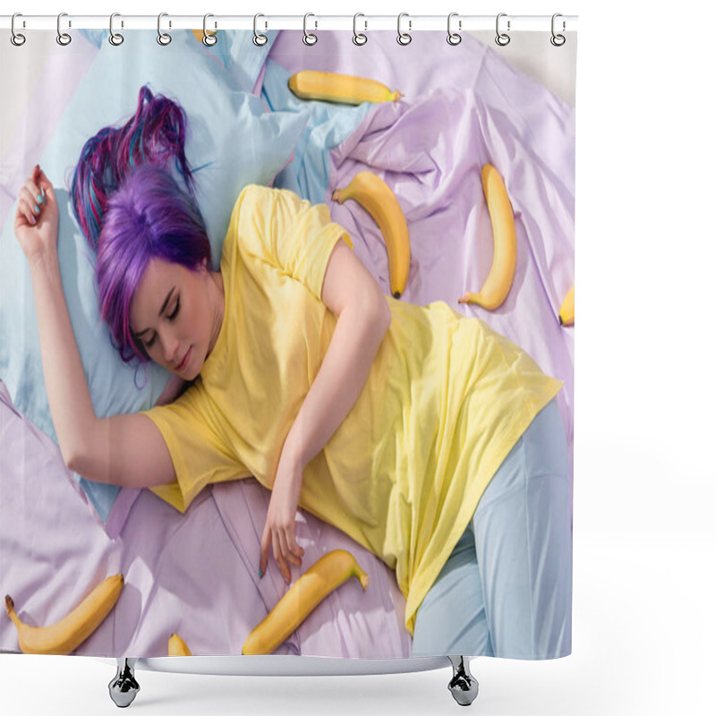 Personality  High Angle View Of Young Woman Lying In Bed With Bananas Shower Curtains