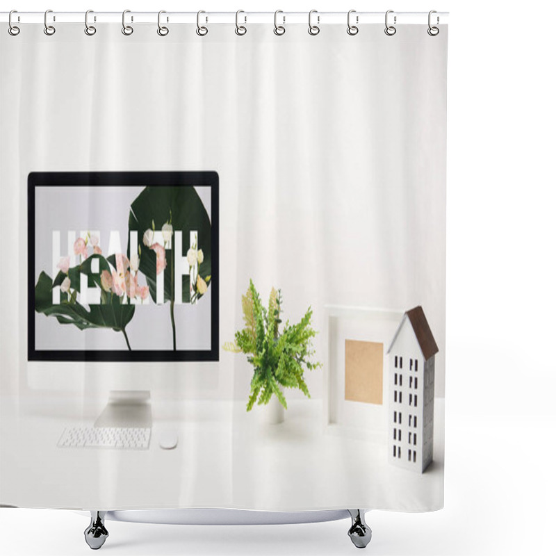 Personality  Computer With Health Lettering On Monitor And Decoration On Desk On White Background Shower Curtains