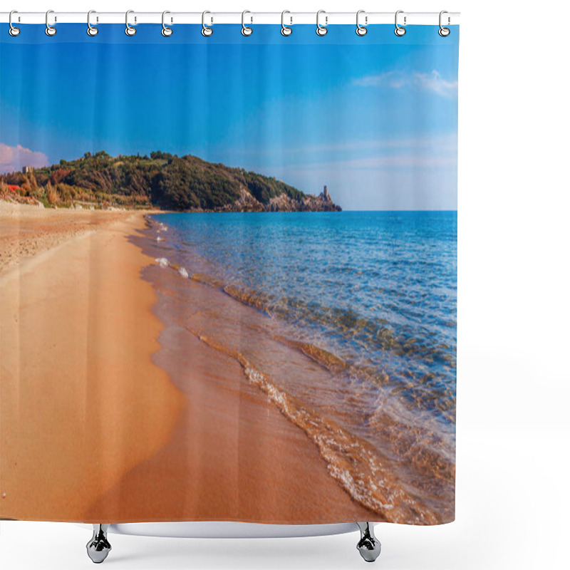 Personality  Panoramic Sea Beach Landscape Near Gaeta, Lazio, Italy. Nice Sand Beach And Clear Blue Water. Famous Tourist Destination In Riviera De Ulisse. Bright Sunny Light And Sunset. Shower Curtains