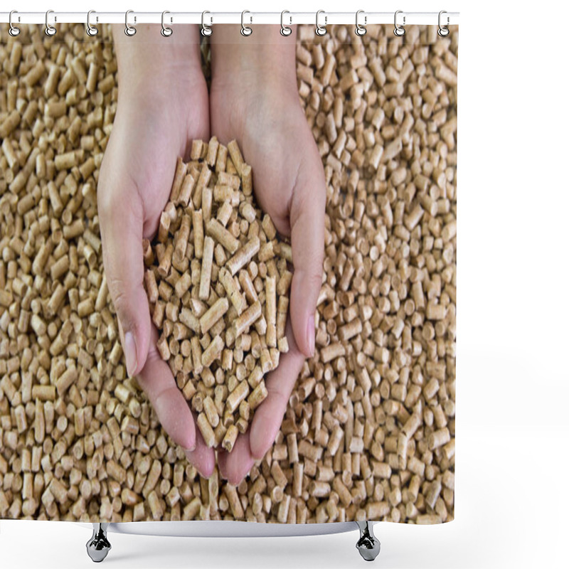 Personality  Wood Pellets In Female Hands. Biofuels. Alternative Biofuel  Shower Curtains