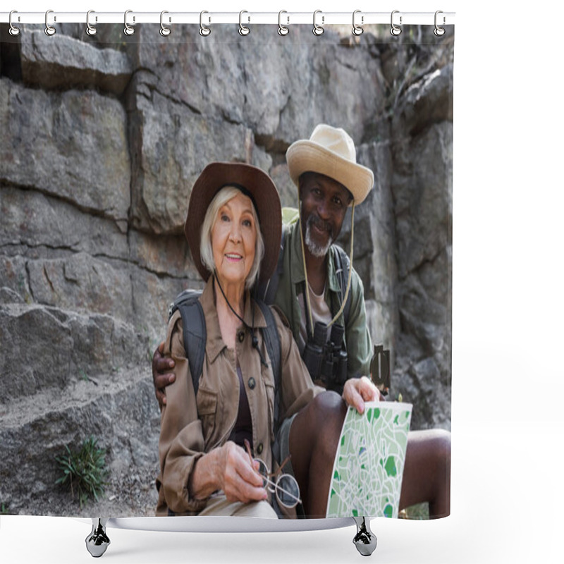 Personality  African American Hiker Hugging Smiling Wife With Backpack And Map Near Rock  Shower Curtains