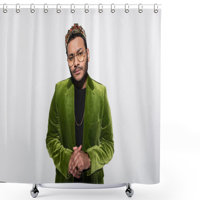 Personality  Indian Hip Hop Performer In Green Velvet Blazer And Crown Standing With Clenched Hands Isolated On Grey Shower Curtains