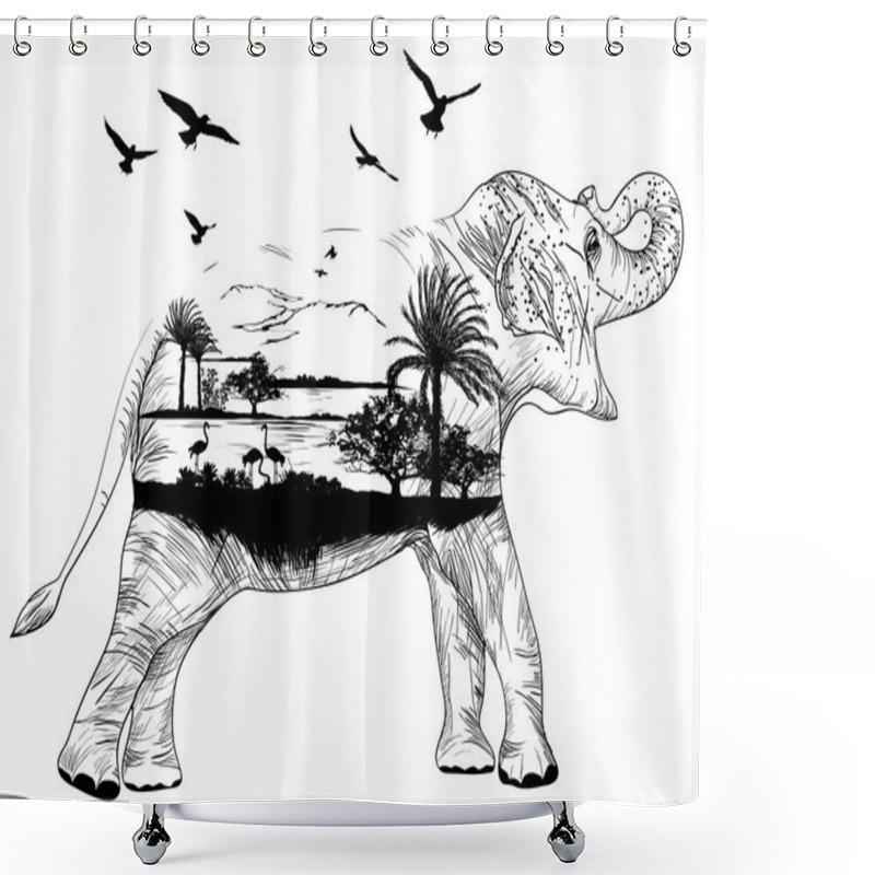 Personality  Vector Double Exposure, African Elephant For Your Design Shower Curtains