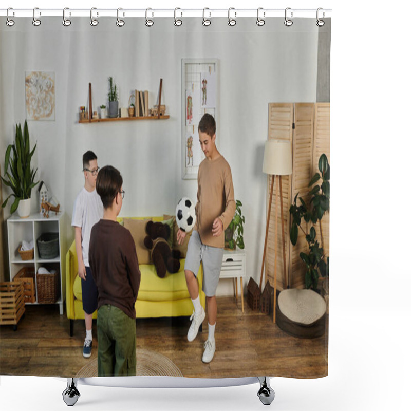 Personality  Three Boys Play Soccer In A Living Room. Shower Curtains