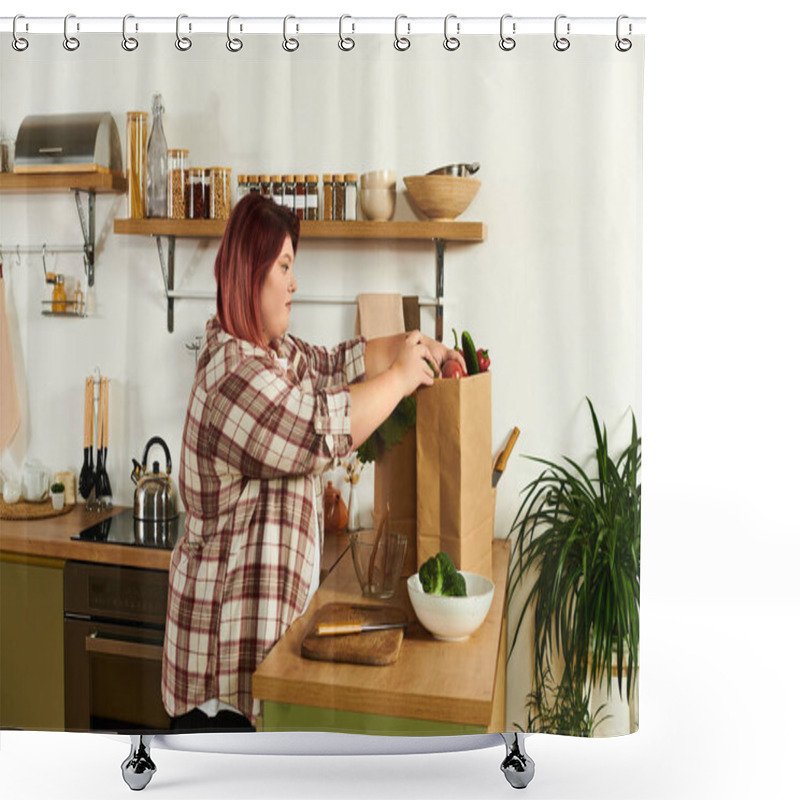 Personality  Young Plus Size Woman Happily Unpacks Fresh Vegetables From A Paper Bag In Her Modern Kitchen Shower Curtains