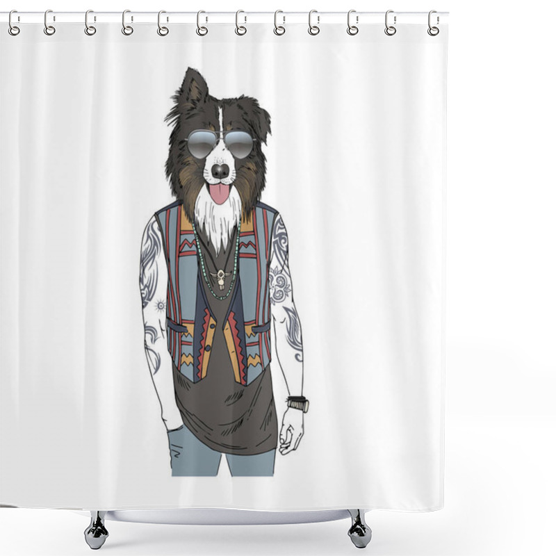 Personality  Australian Shepherd Breed Hipster Illustration. Shower Curtains