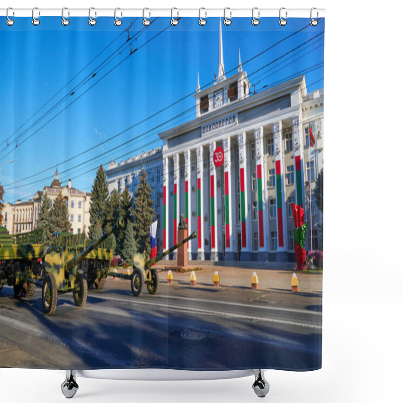 Personality  Tiraspol, Transnistria - September 2, 2020: Military Parade Dedicated To The 30th Anniversary Of Independence, Ordered Military Equipment And Weapons, Inscription In Russian - House Of Soviets Shower Curtains