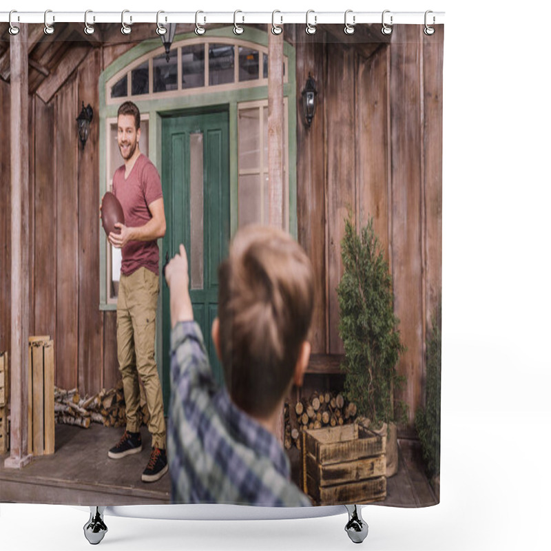 Personality  Father With Son Playing With Ball At Backyard Shower Curtains