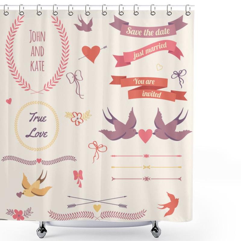 Personality  Vector Wedding Set With Birds, Hearts, Arrows, Ribbons, Wreaths, Shower Curtains