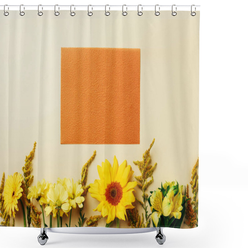 Personality  Flat Lay With Beautiful Flowers And Empty Orange Card Arrangement On Beige Backdrop Shower Curtains