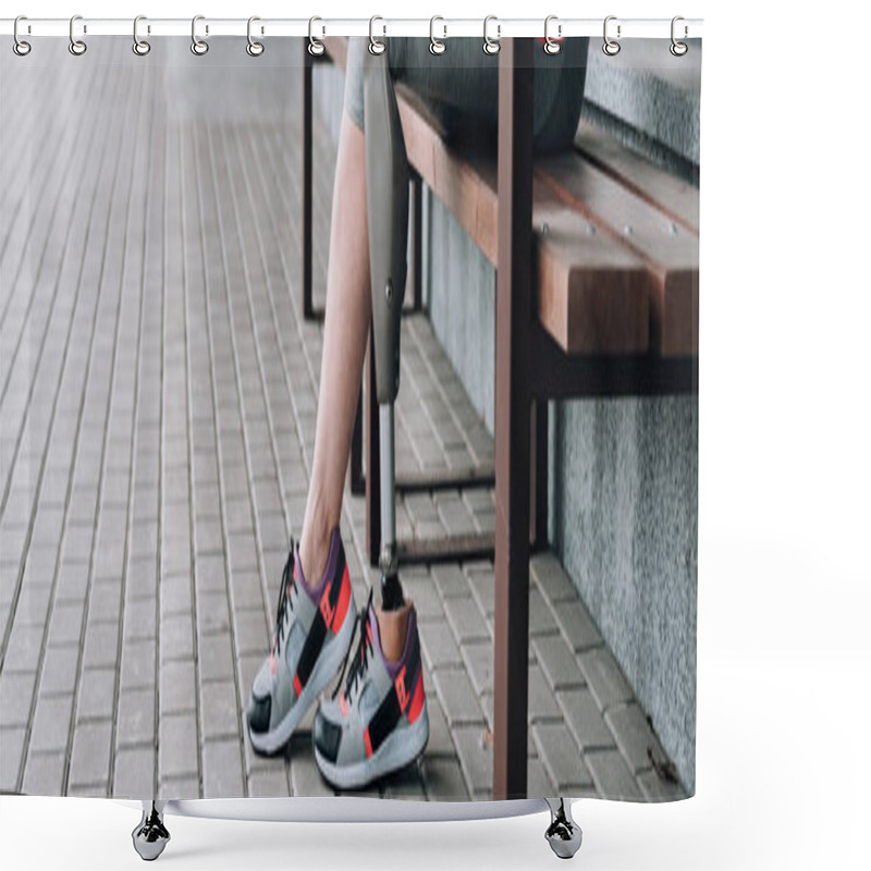 Personality  Panoramic Shot Of Disabled Sportswoman With Prosthetic Leg On Street Shower Curtains