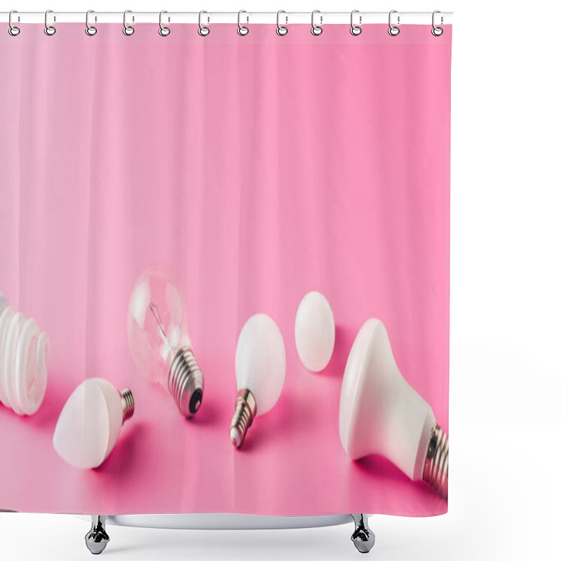 Personality  Close-up View Of Various Light Bulbs On Pink, Energy Concept Shower Curtains